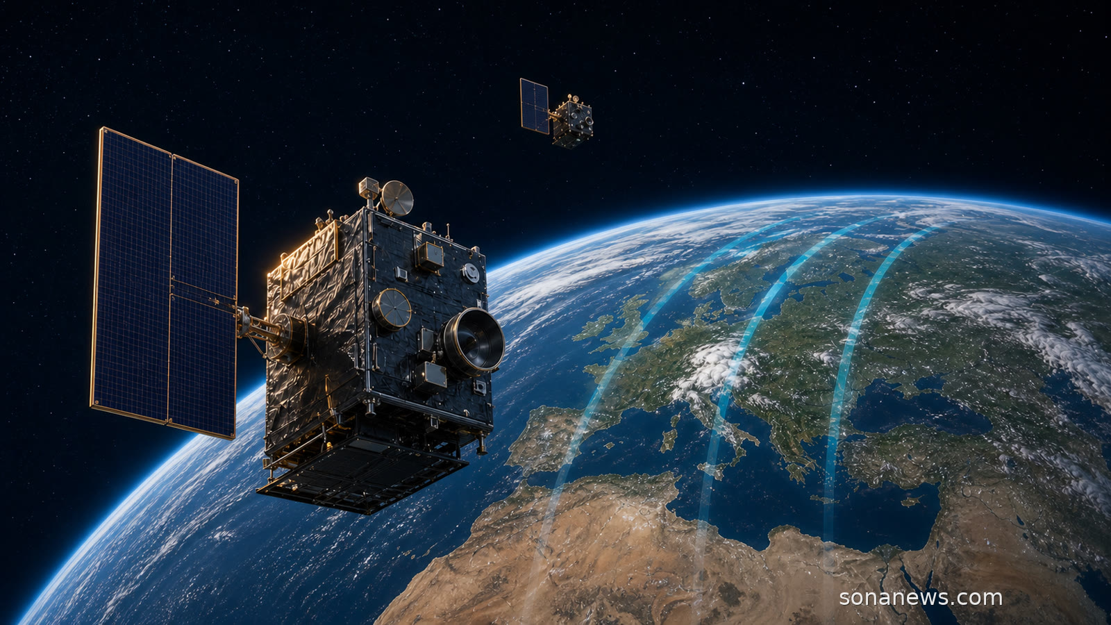 Zwei Meteosat-Wettersatelliten beobachten Europa; cyanfarbene Scanbänder illustrieren den künftigen 2,5-Minuten-Schnellscan von MTG-I2.