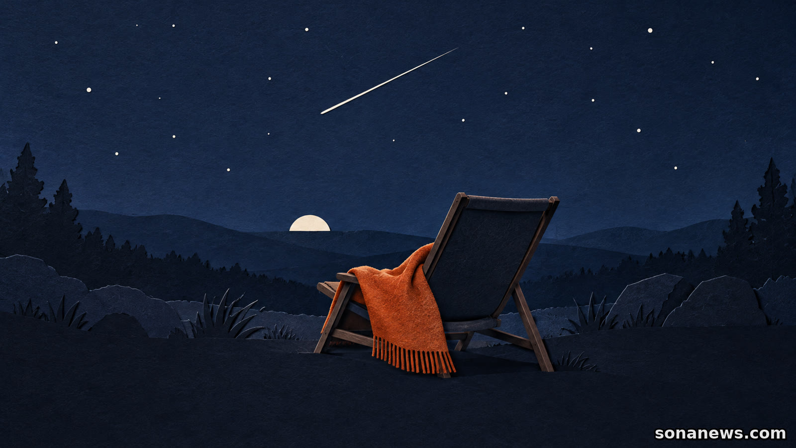 Papierillustration zur Orioniden-Beobachtung mit einer Sternschnuppe, einem am Horizont verschwindenden Mond und einem Liegestuhl mit orangefarbener Decke.