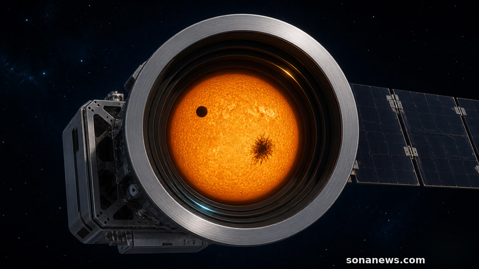 Konzeptillustration zeigt einen Transitplaneten und einen Sternfleck in der Öffnung des Pandora-Weltraumteleskops.