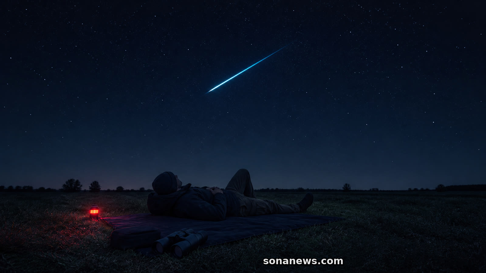 Illustrative Nachtszene mit einem Perseiden-Meteor über einer liegenden Beobachtungsperson und ungenutztem Fernglas.