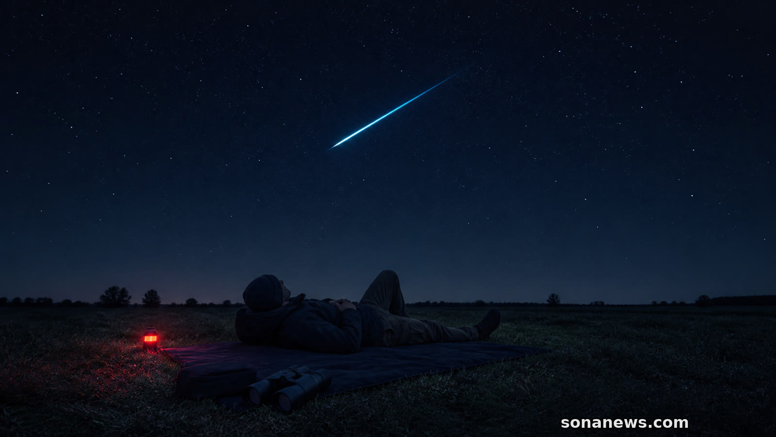 Illustrative Nachtszene mit einem Perseiden-Meteor über einer liegenden Beobachtungsperson und ungenutztem Fernglas.