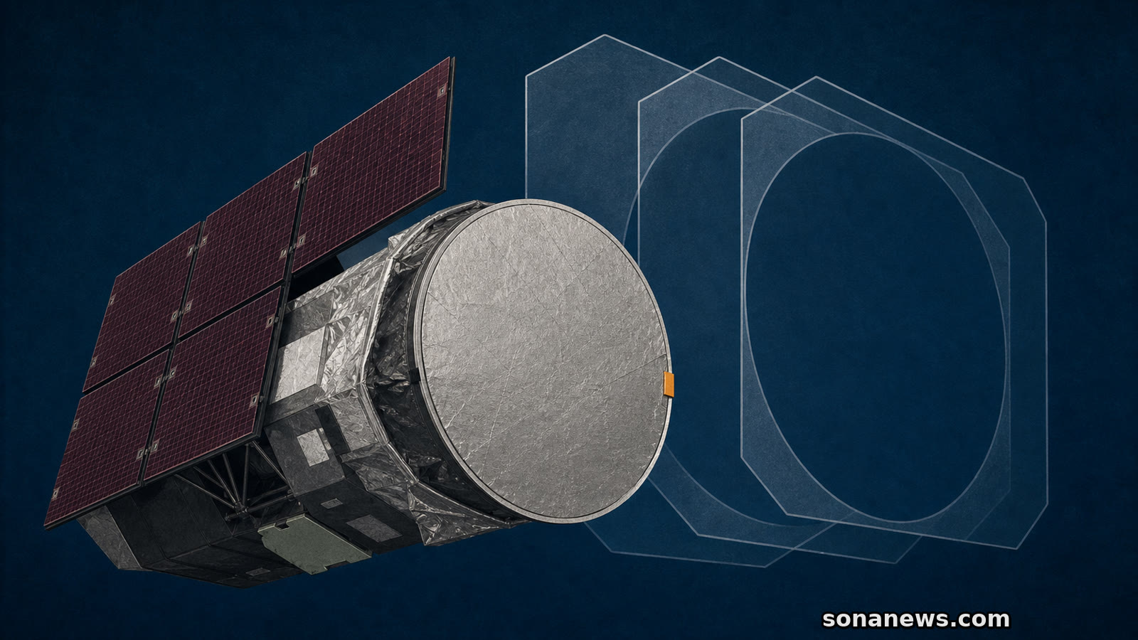 Geschlossene Eintrittsabdeckung am Roman-Weltraumteleskop; drei transparente Rahmen stehen konzeptionell für die geplante Kalibrierung vor den ersten Bildern.