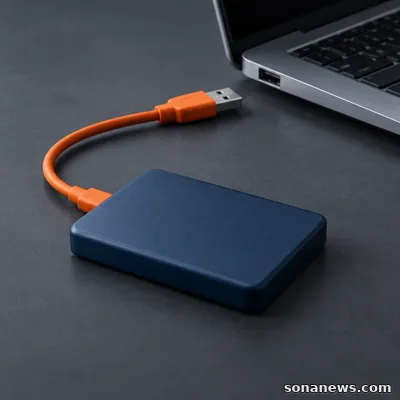 Externe Festplatte für ein Backup mit orangefarbenem Kabel; der freie USB-Stecker liegt sichtbar getrennt vom Anschluss eines Computers.