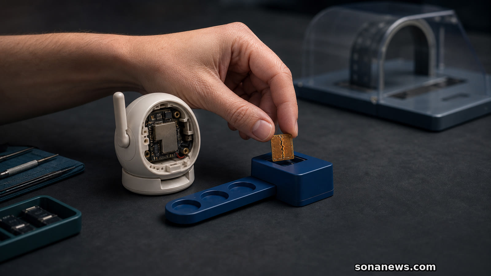 Eine Hand führt einen beschädigten Chip aus einer geöffneten smarten Kamera in einen dreistufigen Meldekanal.
