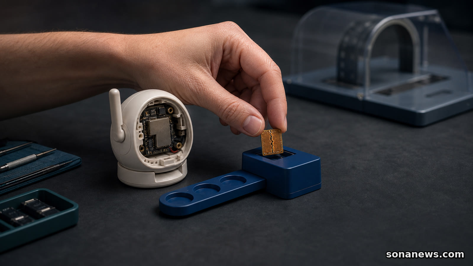 Eine Hand führt einen beschädigten Chip aus einer geöffneten smarten Kamera in einen dreistufigen Meldekanal.