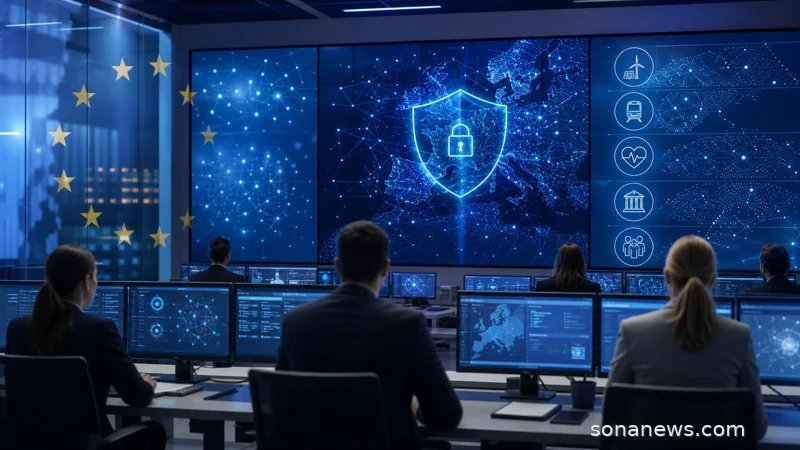 Moderner europäischer Sicherheitsraum mit abstrakten KI-Netzwerken, digitalem Schutzschild und Symbolen für Energie, Verkehr, Gesundheit, Finanzen und öffentliche Verwaltung.