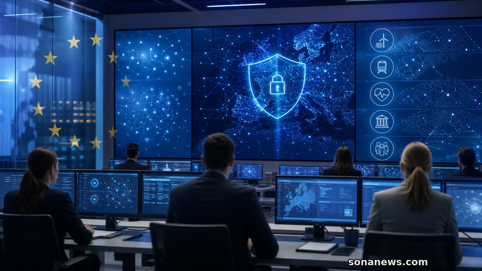 Moderner europäischer Sicherheitsraum mit abstrakten KI-Netzwerken, digitalem Schutzschild und Symbolen für Energie, Verkehr, Gesundheit, Finanzen und öffentliche Verwaltung.
