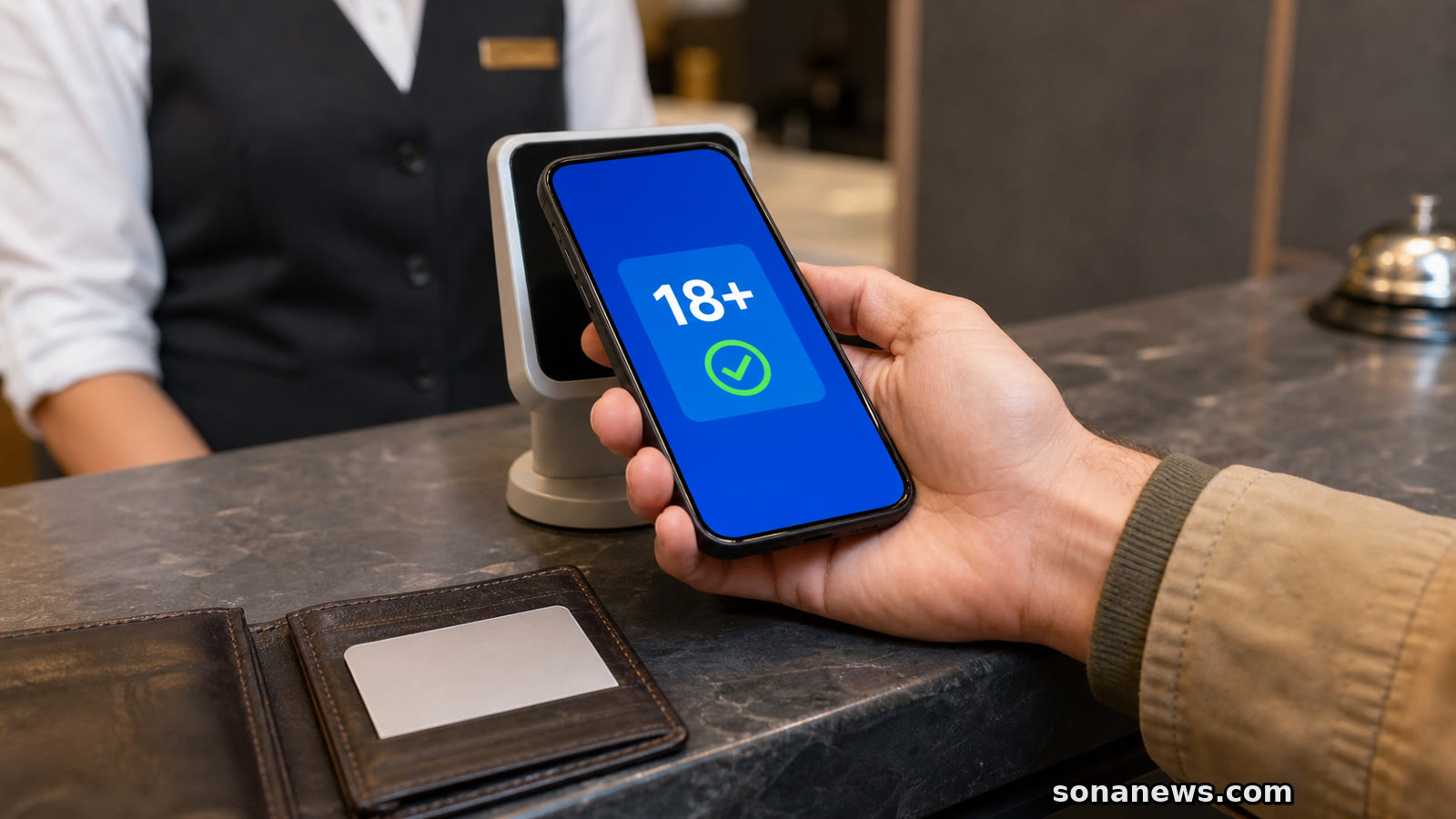 Hand hält ein Smartphone mit 18-plus-Bestätigung an ein Prüfgerät, während der vollständige Ausweis verdeckt in einer Brieftasche bleibt, zur Illustration der EUDI-Wallet und selektiver Datenfreigabe.