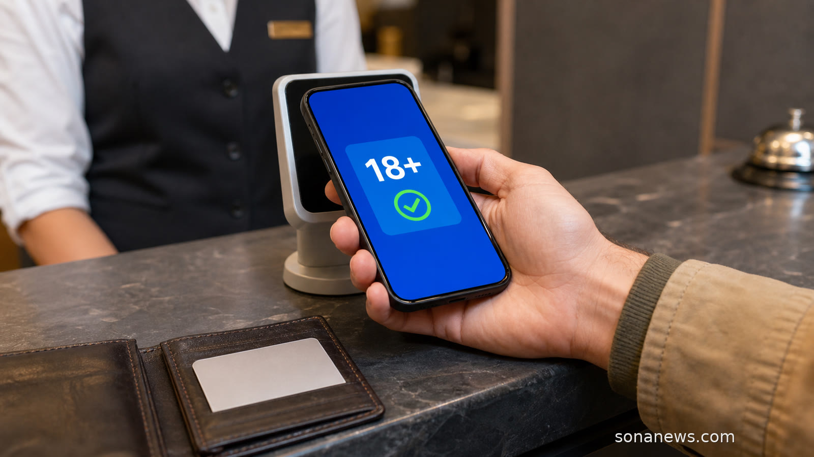 Hand hält ein Smartphone mit 18-plus-Bestätigung an ein Prüfgerät, während der vollständige Ausweis verdeckt in einer Brieftasche bleibt, zur Illustration der EUDI-Wallet und selektiver Datenfreigabe.