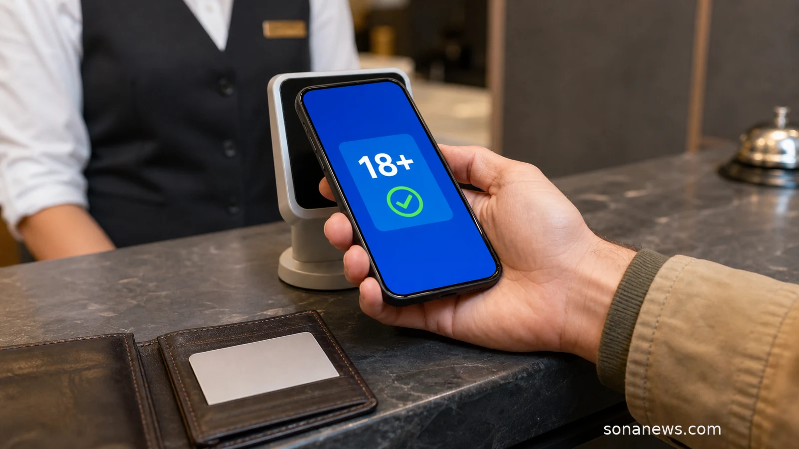 Hand hält ein Smartphone mit 18-plus-Bestätigung an ein Prüfgerät, während der vollständige Ausweis verdeckt in einer Brieftasche bleibt, zur Illustration der EUDI-Wallet und selektiver Datenfreigabe.