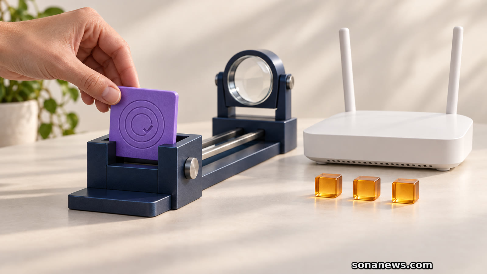 Hand führt ein violettes Sicherheitslabel vor einem Router zur nachgelagerten Prüflupe.