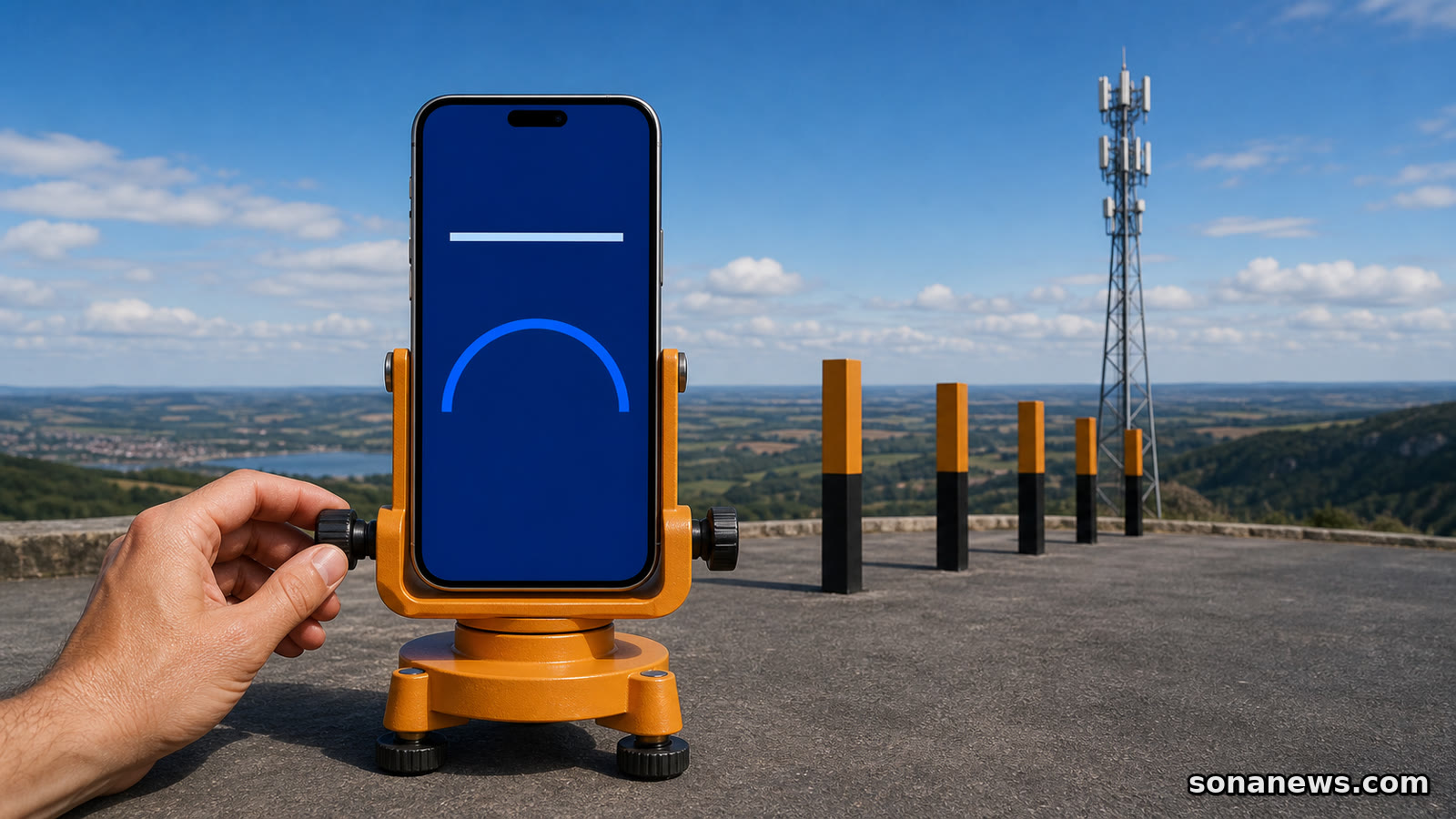 Eine Hand justiert ein Smartphone im orangefarbenen Messstativ vor fünf Markierungen und einem Mobilfunkmast.