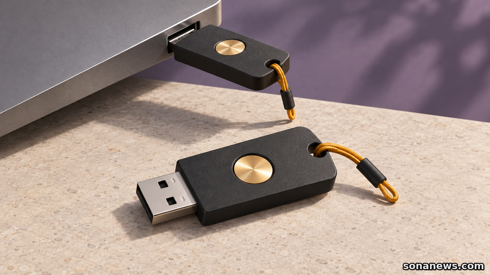 Zwei USB-Sicherheitsschlüssel für Passkeys: Einer steckt am Computer, der zweite liegt mit bernsteinfarbener Schlaufe als Reserve davor.