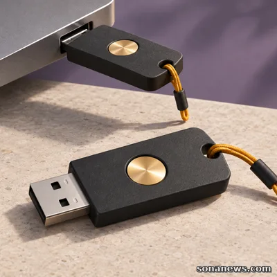 Zwei USB-Sicherheitsschlüssel für Passkeys: Einer steckt am Computer, der zweite liegt mit bernsteinfarbener Schlaufe als Reserve davor.