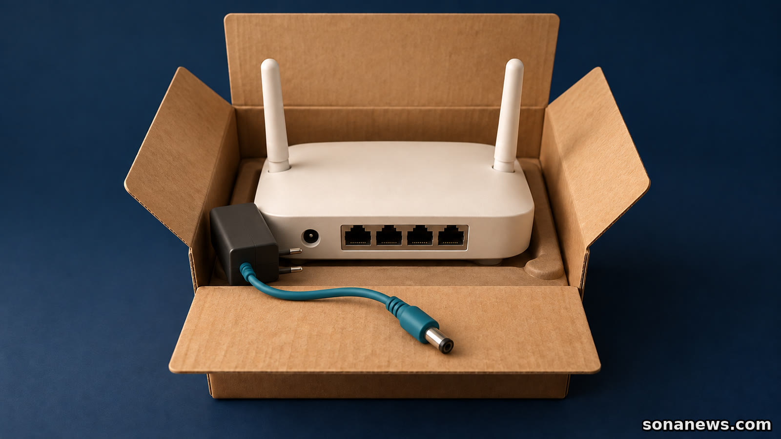 Konzeptillustration: Ein heller WLAN-Router liegt im offenen Versandkarton; sein abgezogener Stromstecker im Vordergrund veranschaulicht die Vorbereitung auf den Verkauf.