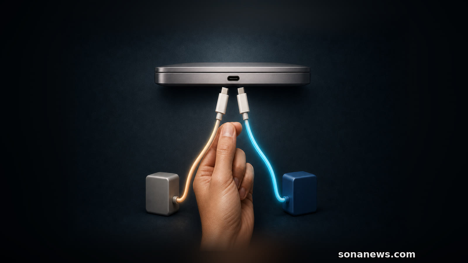 Eine Hand wählt zwischen zwei gleich geformten USB-C-Ladekabeln vor dem Ladeanschluss eines Laptops.