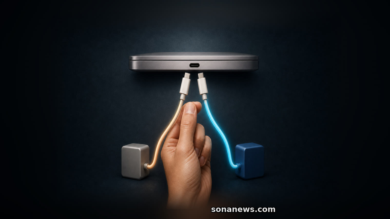 Eine Hand wählt zwischen zwei gleich geformten USB-C-Ladekabeln vor dem Ladeanschluss eines Laptops.