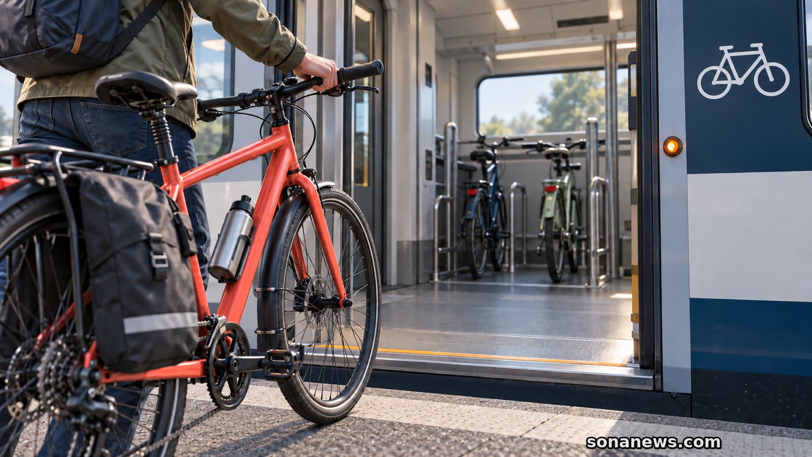 Korallenrotes Fahrrad vor dem teilweise belegten Mehrzweckabteil eines Regionalzugs am Bahnsteig.