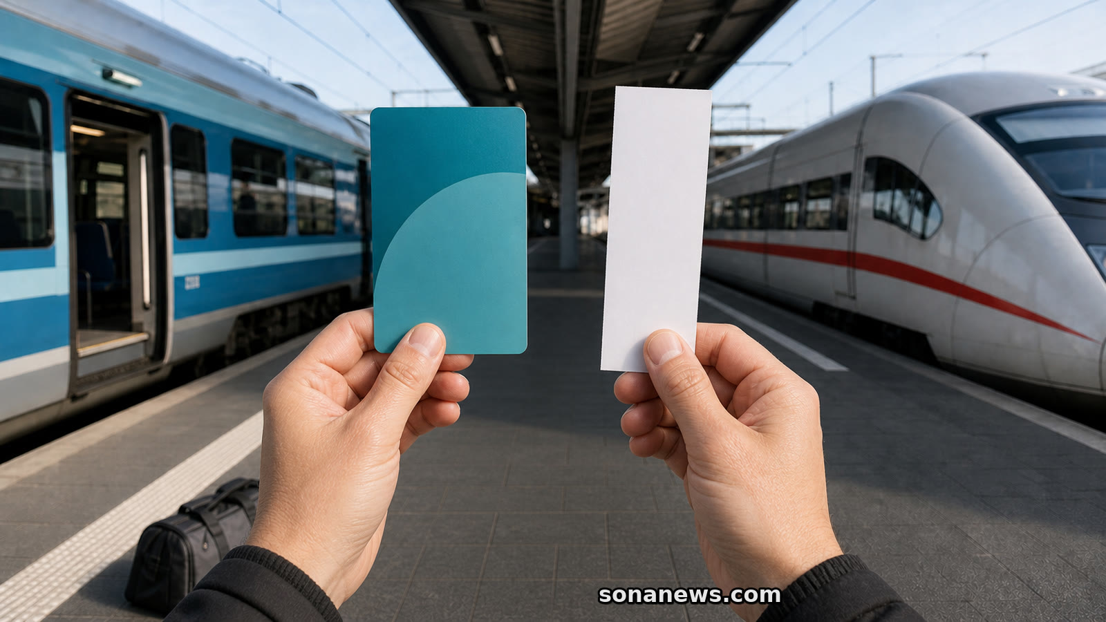 Zwei Hände halten ein Nahverkehrsticket und ein getrenntes Fernverkehrsticket vor einem Regionalzug und einem weißen Hochgeschwindigkeitszug.