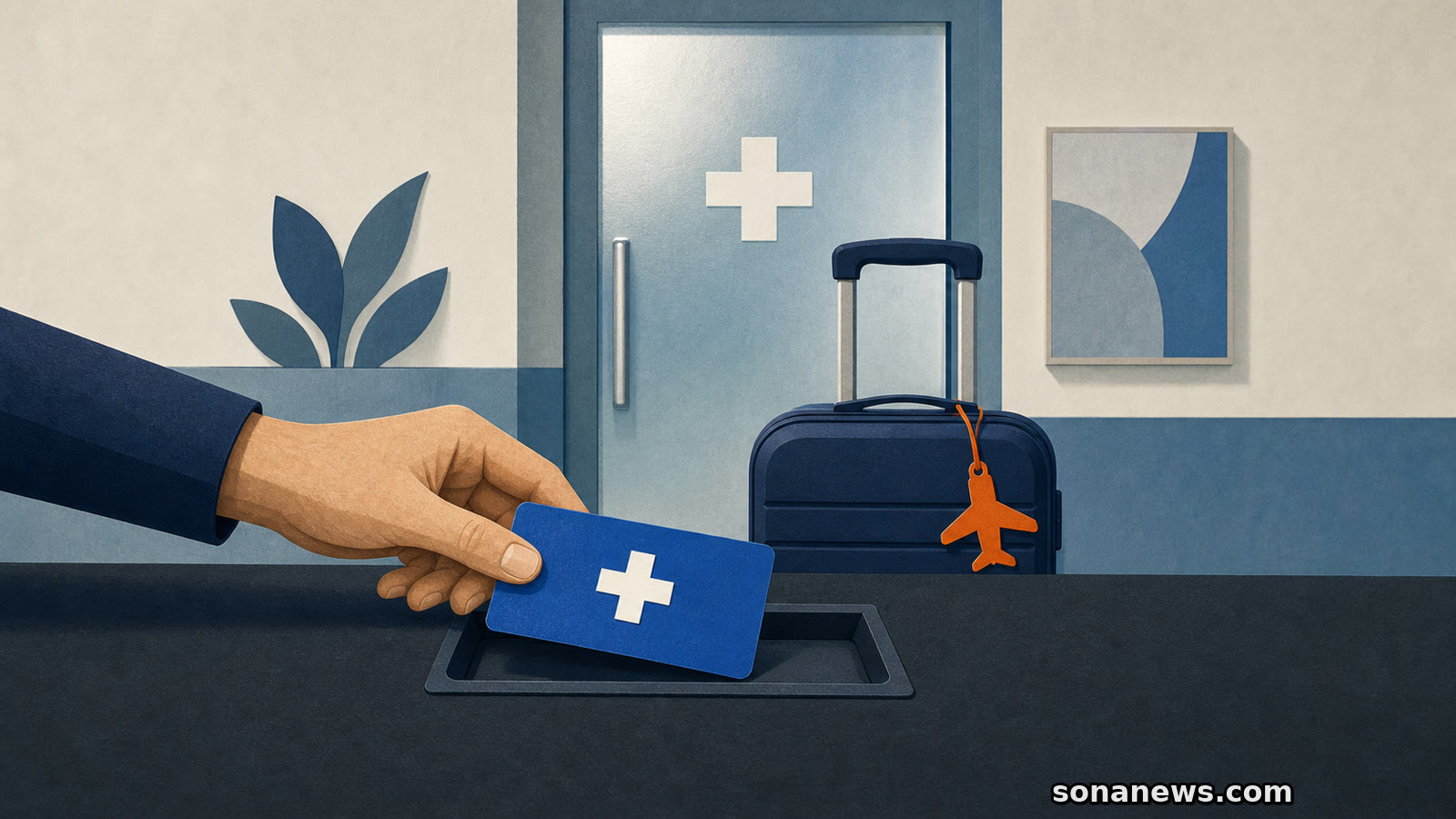 Hand reicht eine symbolische Europäische Krankenversicherungskarte am Praxistresen, dahinter stehen Kliniktür und Reisekoffer mit orangefarbenem Flugzeuganhänger.
