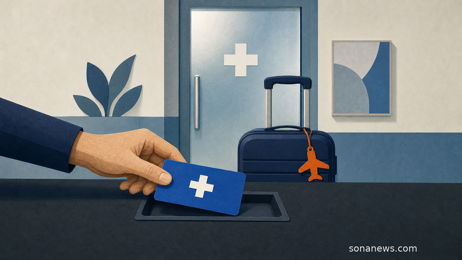 Hand reicht eine symbolische Europäische Krankenversicherungskarte am Praxistresen, dahinter stehen Kliniktür und Reisekoffer mit orangefarbenem Flugzeuganhänger.