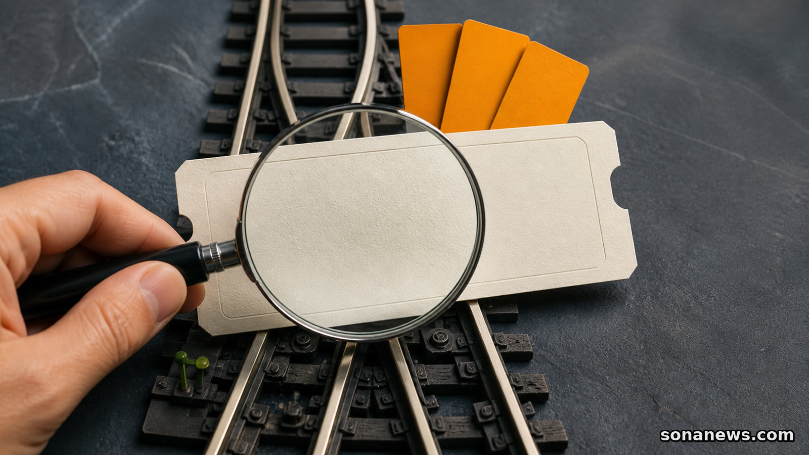 Eine Hand prüft mit einer Lupe ein leeres Zugticket über einer Weiche; dahinter stehen drei orange Hinweiskarten.