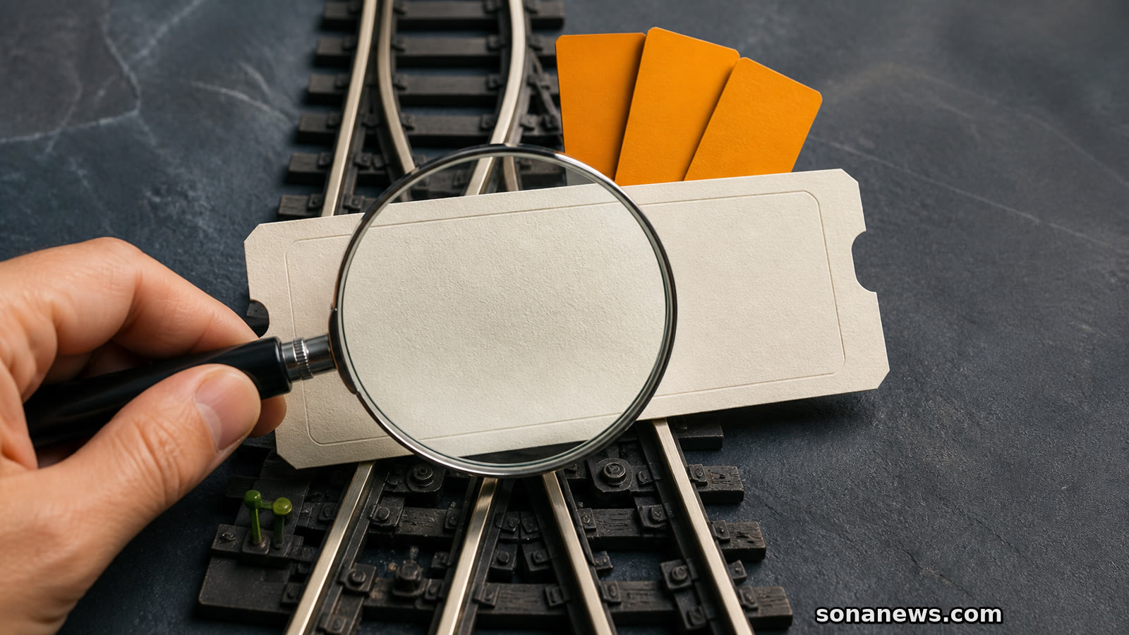 Eine Hand prüft mit einer Lupe ein leeres Zugticket über einer Weiche; dahinter stehen drei orange Hinweiskarten.
