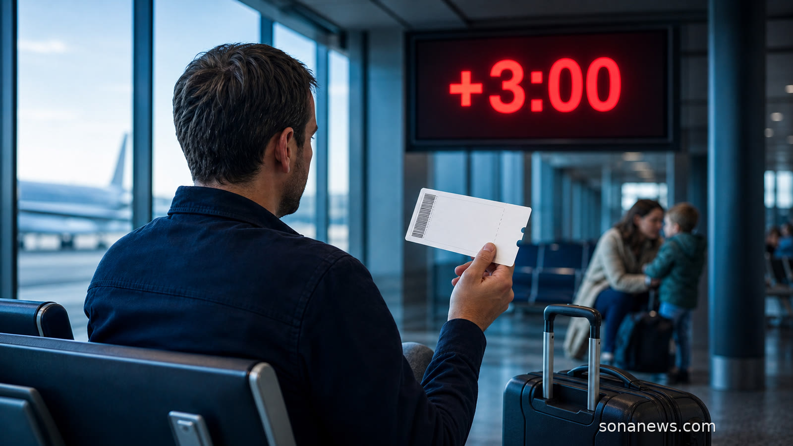 Reisender mit Boardingpass und kleinem Kabinenkoffer unter einer roten Anzeige mit drei Stunden Verspätung an einem europäischen Flughafengate.
