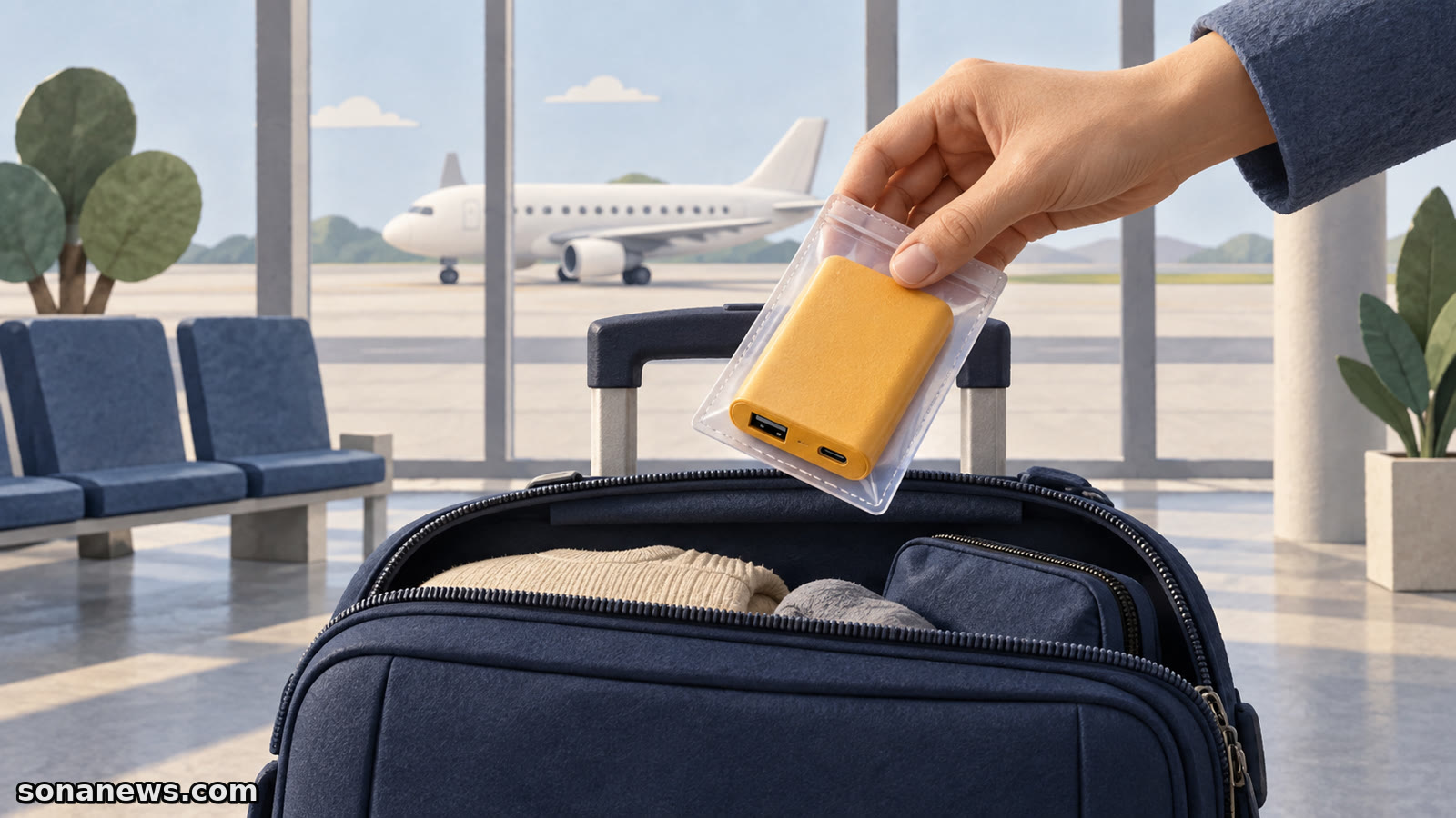 Illustration: Eine Hand hebt eine gelbe Powerbank in einer durchsichtigen Schutzhülle aus einem offenen Kabinenkoffer; hinter der Glasfront steht ein Flugzeug.