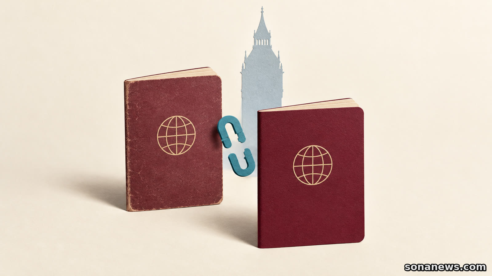 Illustration zum britischen ETA-Antrag: Zwei stilisierte Reisepässe mit getrennter Verbindung stehen vor einer vereinfachten Londoner Turmsilhouette.