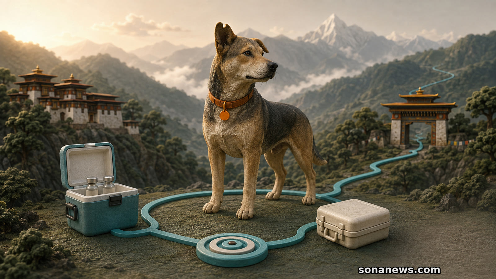 Conceptual community dog encircled by rabies vaccination, care and surveillance links in a Himalayan Bhutan setting.