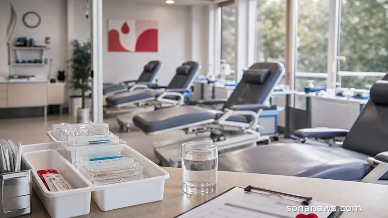 Empty blood donation chairs in a quiet clinic prepared before opening.
