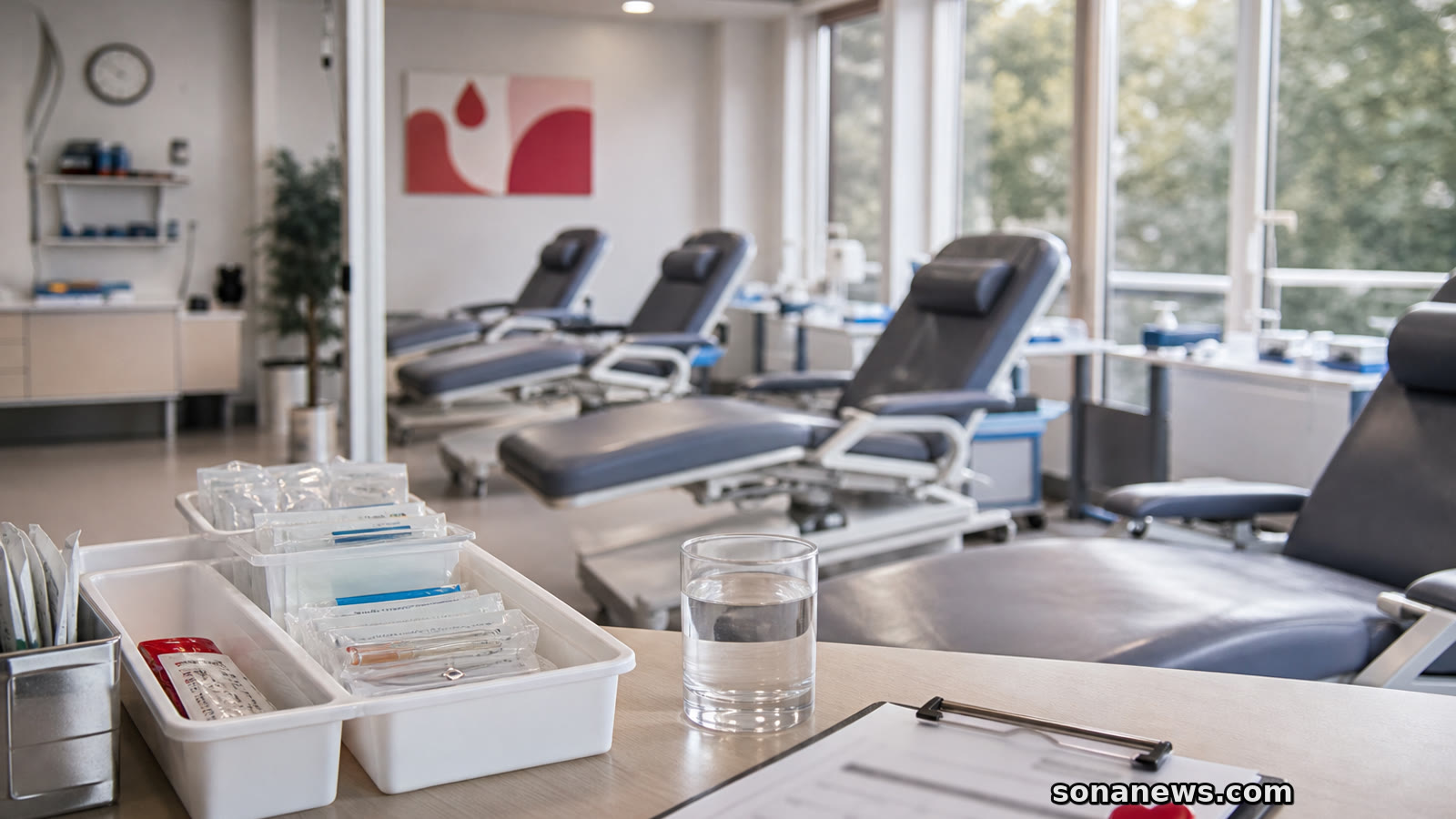 Empty blood donation chairs in a quiet clinic prepared before opening.