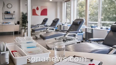 Empty blood donation chairs in a quiet clinic prepared before opening.