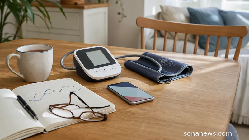 A home blood pressure cuff on a kitchen table beside a notebook and tea.