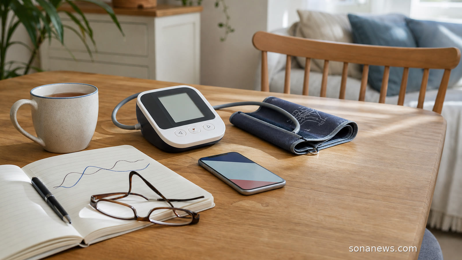 A home blood pressure cuff on a kitchen table beside a notebook and tea.