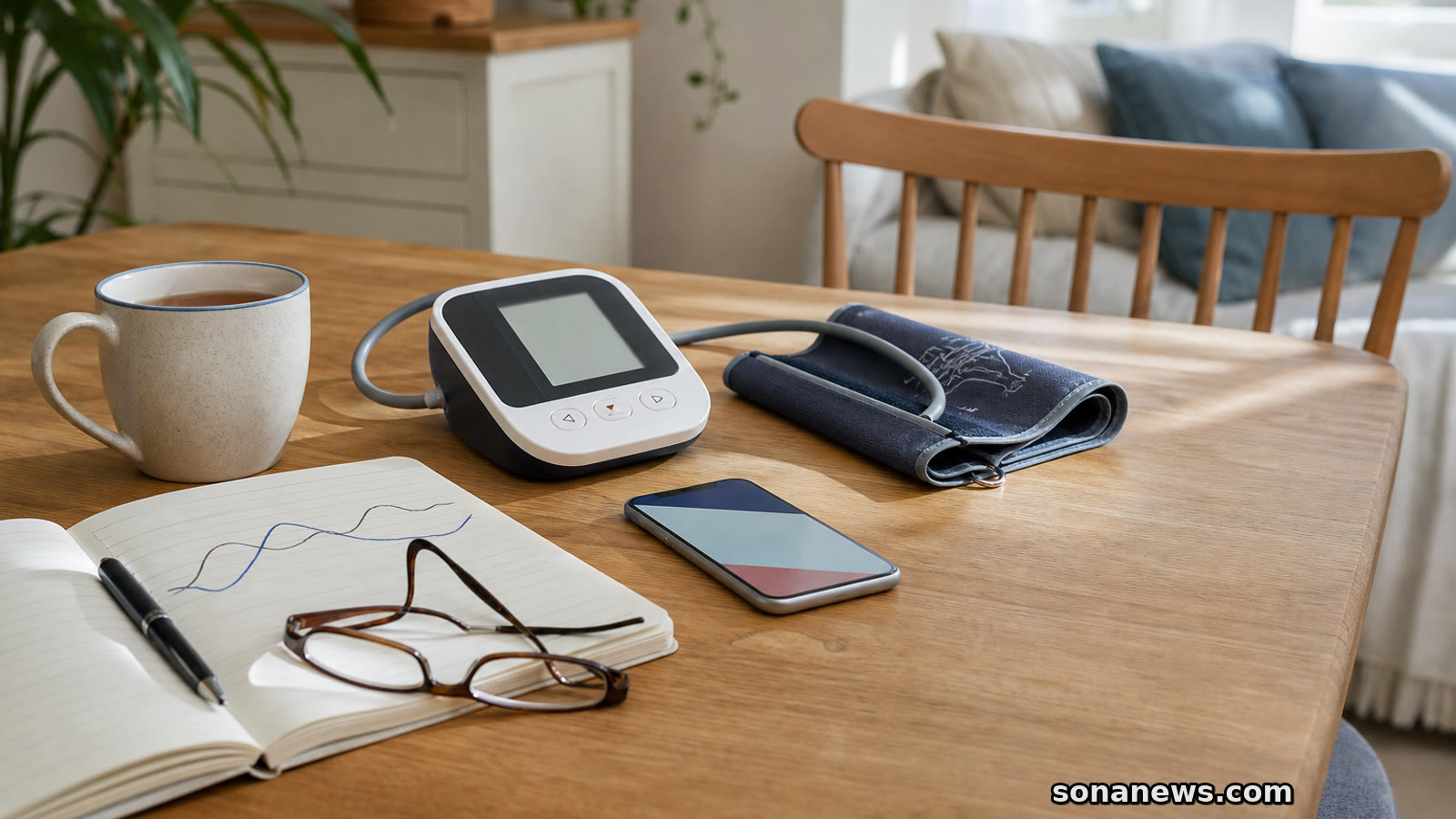 A home blood pressure cuff on a kitchen table beside a notebook and tea.