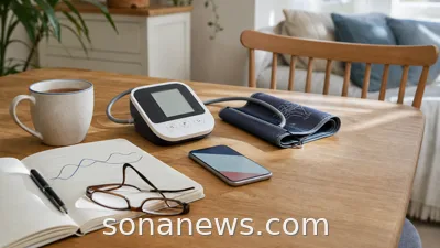 A home blood pressure cuff on a kitchen table beside a notebook and tea.