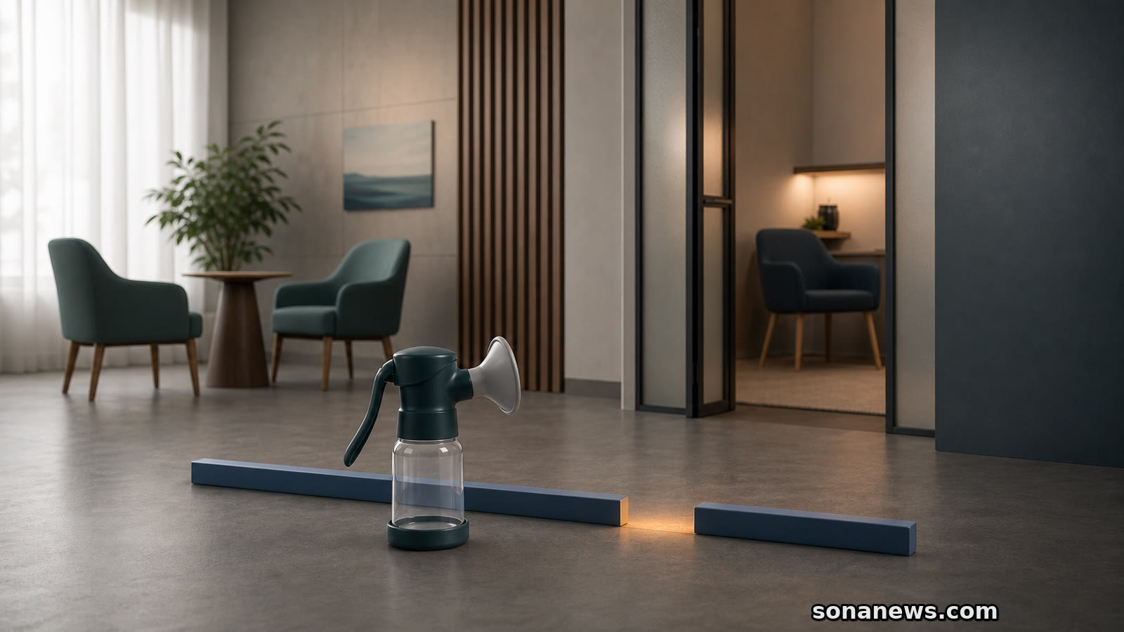 An unbranded breast pump and interrupted support rail connect clinic counselling with a private workplace room.