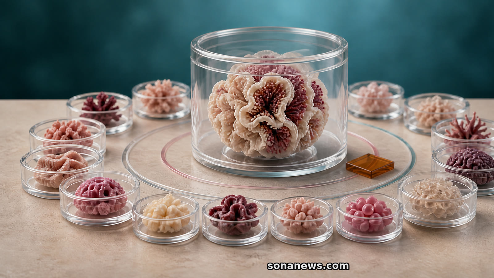 Varied patient-derived cancer models surround one central organoid chamber in a conceptual research library.