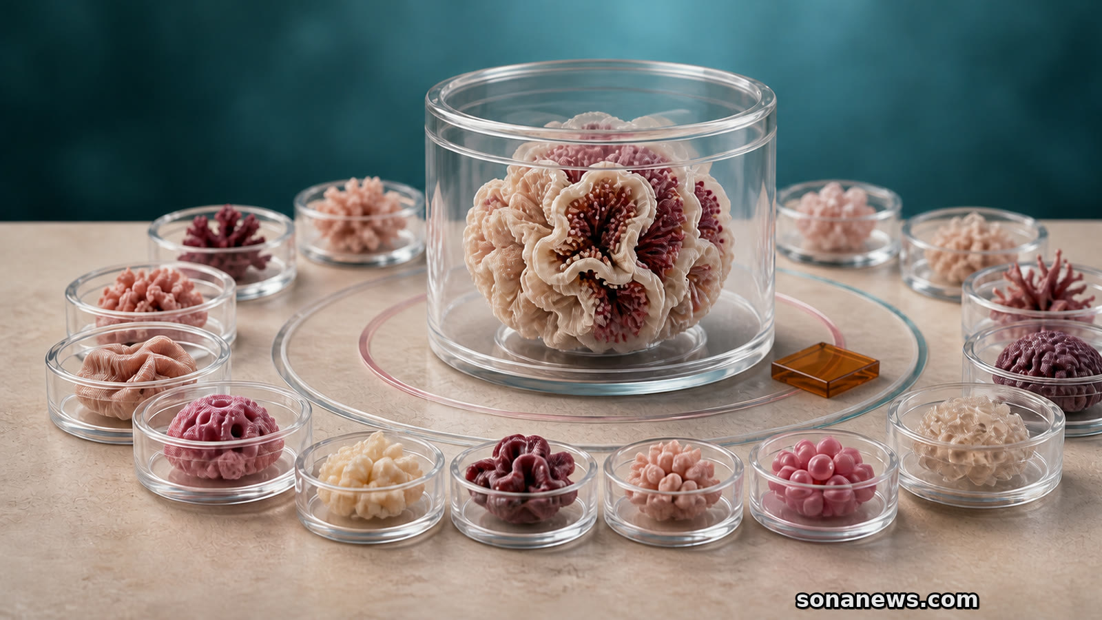 Varied patient-derived cancer models surround one central organoid chamber in a conceptual research library.