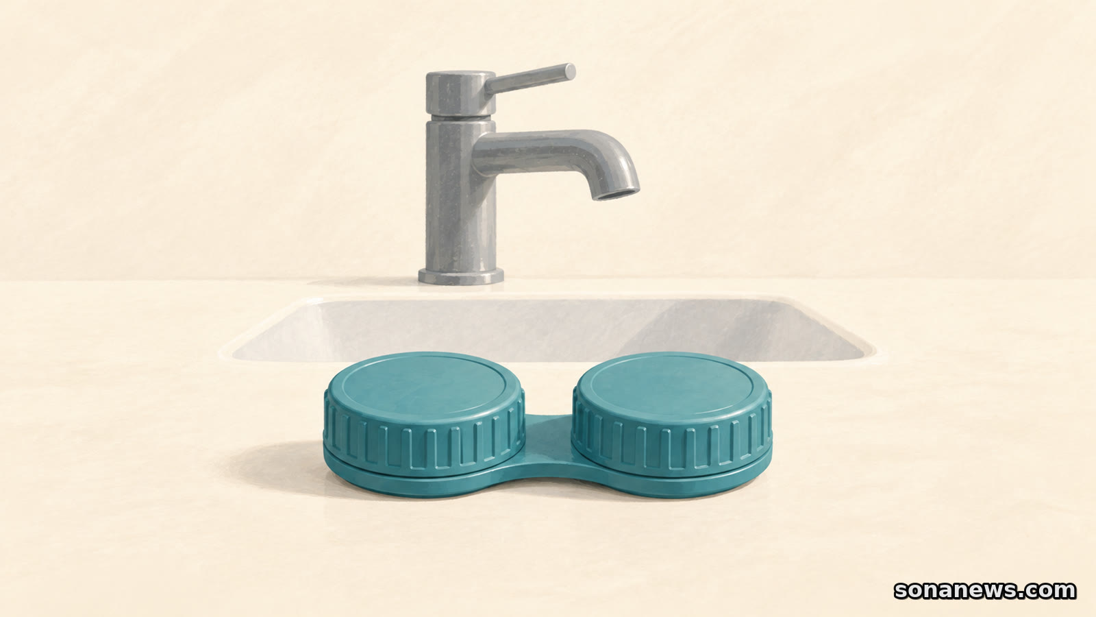Teal contact lens case rests on a dry ledge in front of a turned-off tap in a conceptual hygiene illustration.