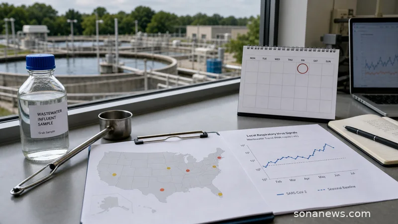 Wastewater sample bottle, Friday calendar and U.S. COVID-19 surveillance map on a public-health data desk.