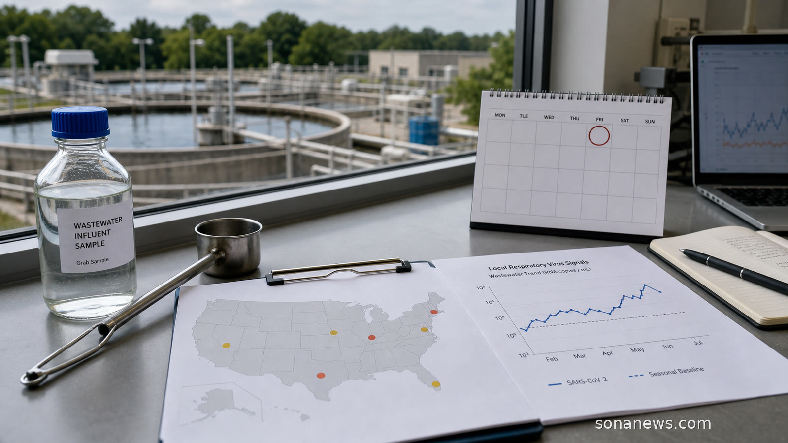 Wastewater sample bottle, Friday calendar and U.S. COVID-19 surveillance map on a public-health data desk.