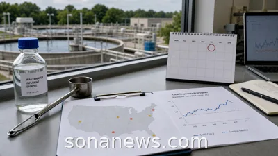 Wastewater sample bottle, Friday calendar and U.S. COVID-19 surveillance map on a public-health data desk.