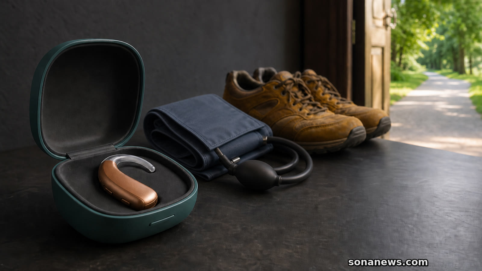 A hearing aid, blood pressure cuff and walking shoes form a dementia risk-reduction toolkit on a community-health table.