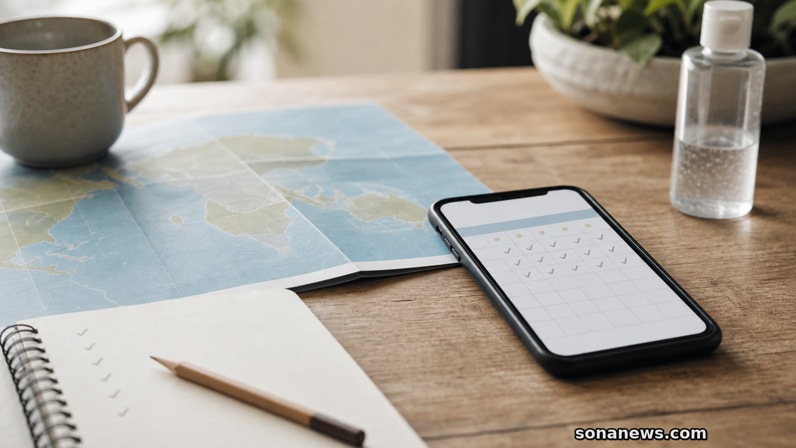 Smartphone calendar and folded map representing Ebola travel health notice follow-up after a trip.
