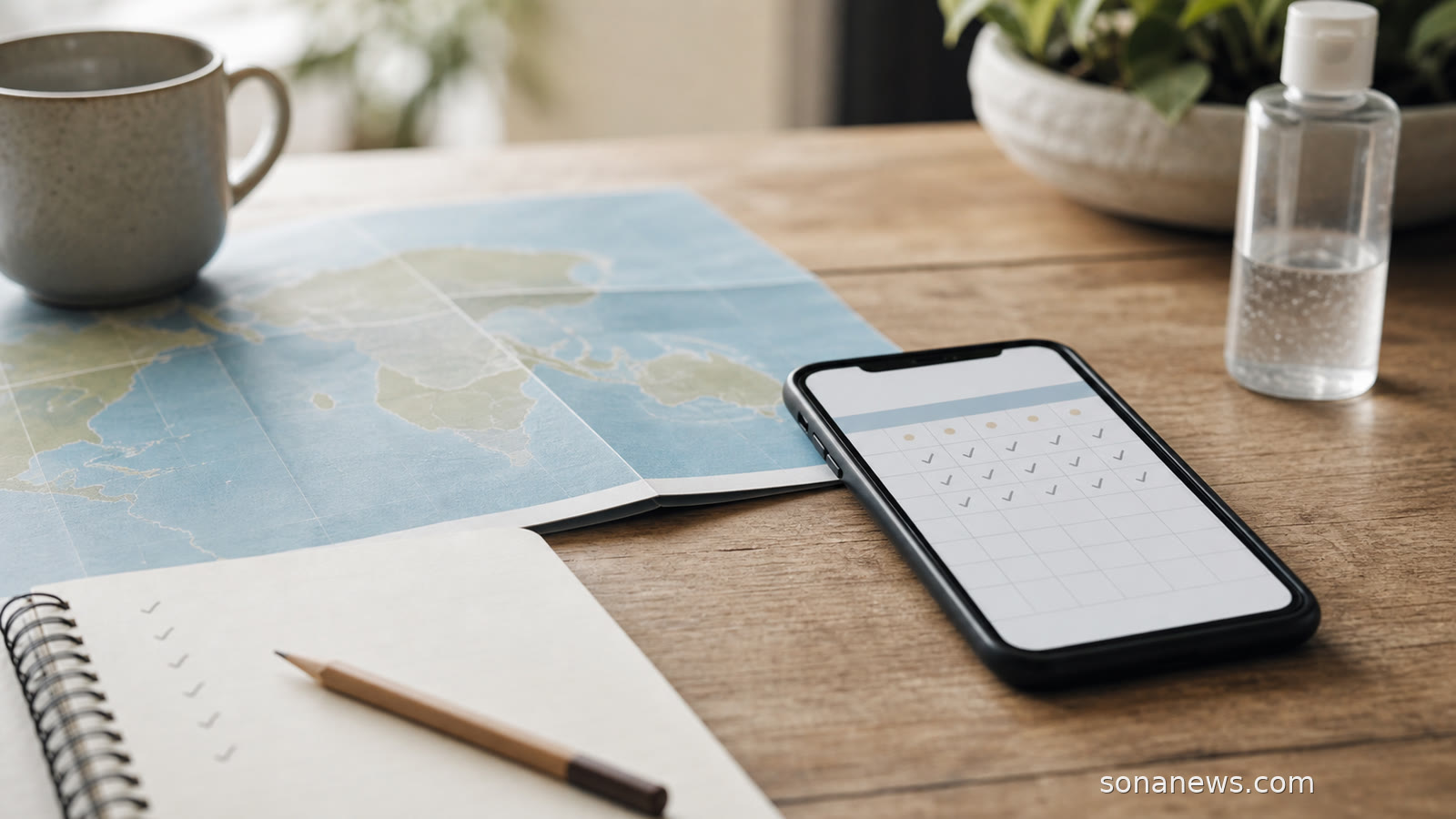 Smartphone calendar and folded map representing Ebola travel health notice follow-up after a trip.