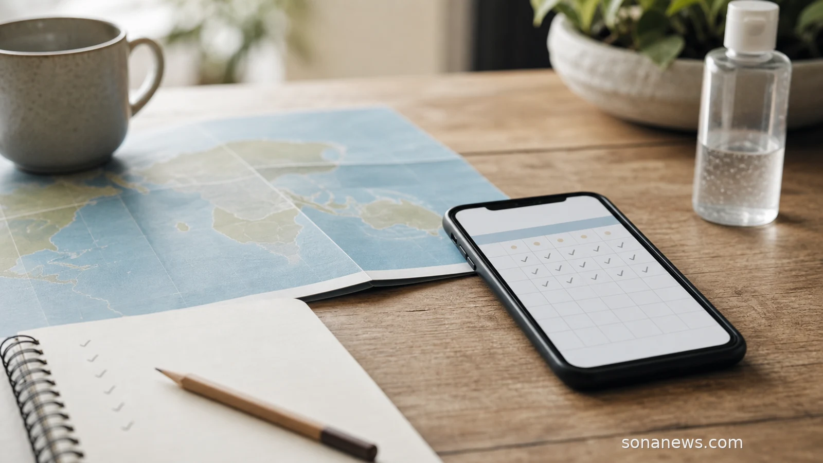 Smartphone calendar and folded map representing Ebola travel health notice follow-up after a trip.