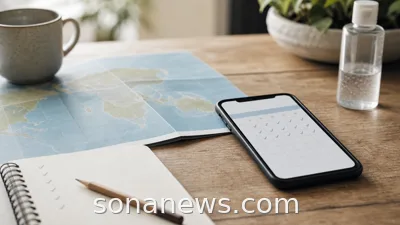 Smartphone calendar and folded map representing Ebola travel health notice follow-up after a trip.